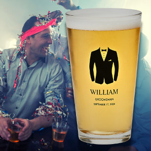 Groomsmen Black Tie Tuxedo Suit Name and Date  Glass