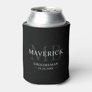 Groomsmen Gifts Elegant Monogram Initials Black  Can Cooler