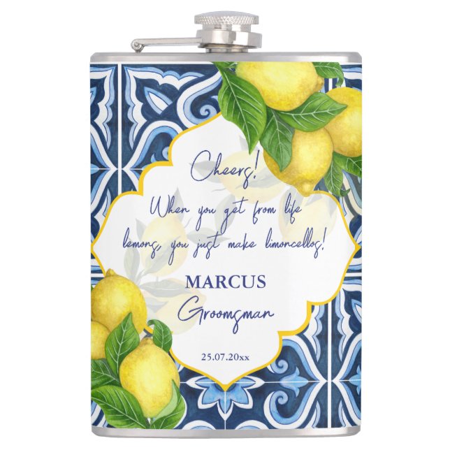 Groomsmen gifts favours blue tiles lemon Amalfi  Hip Flask (Front)