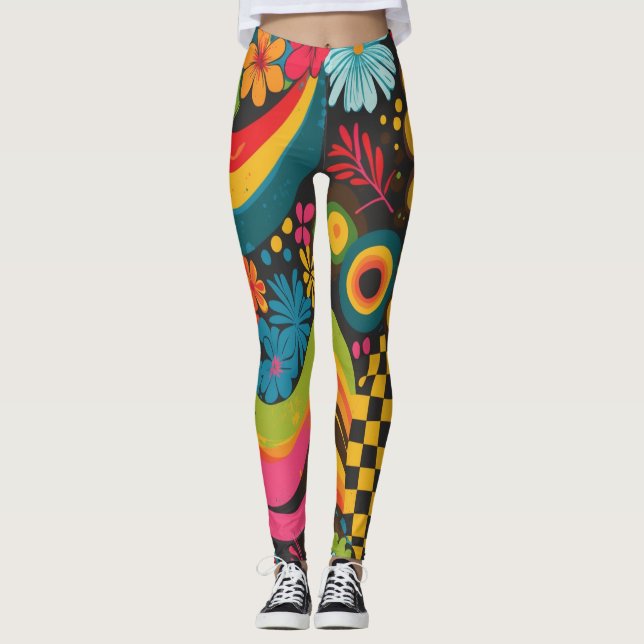 Groove Waves 70s Psychedelic Line Pattern Leggings (Front)