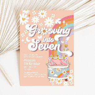 Grooving into SEVEN Daisy Rainbow 7th Birthday  Invitation