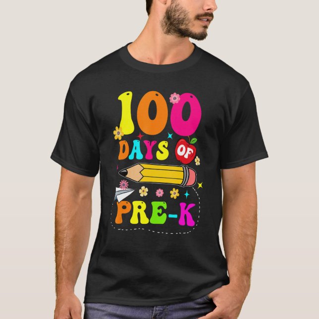 Groovy 100 Days Of Pre-K Kids Teacher 100th Day T-Shirt (Front)
