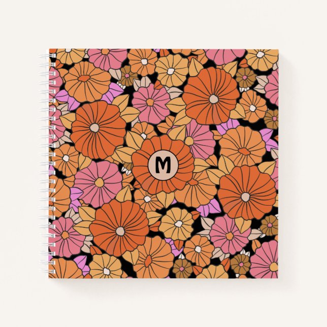 Groovy 1960s Hippie Flower Power Monogram Notebook (Front)