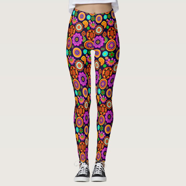 Groovy 1960's Inspired Flowers and Medallions Leggings (Front)