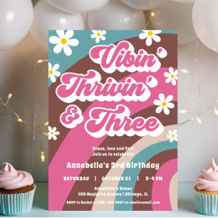 Groovy 3rd birthday Vibin' Thrivin' THREE retro Invitation