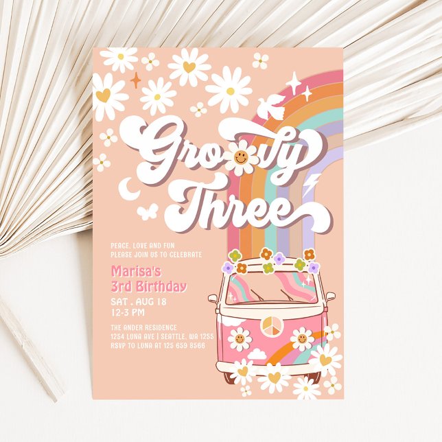Groovy 3rd Pink Daisy Rainbow Hippie Birthday Invitation (Creator Uploaded)