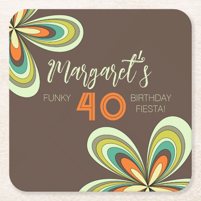 Groovy 40th Birthday Party 70s Hippie Flower  Square Paper Coaster (Front)