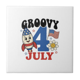 Groovy 4th of July Rocket Patriotic Shirt Design_1 Ceramic Tile