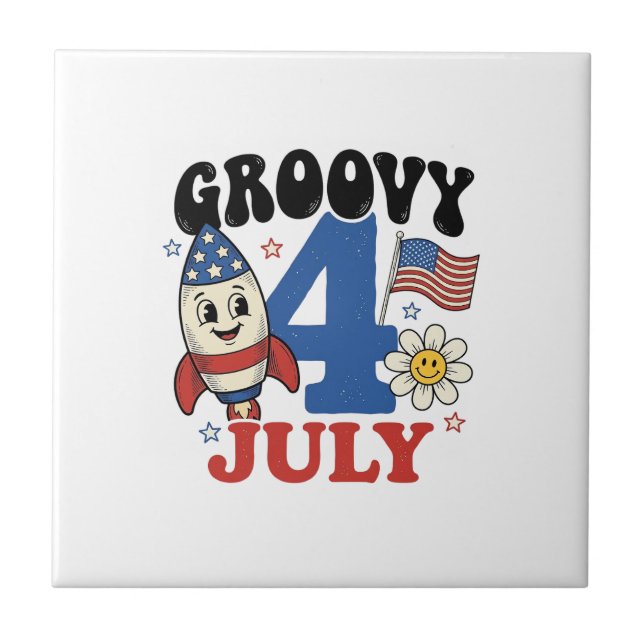 Groovy 4th of July Rocket Patriotic Shirt Design_1 Ceramic Tile (Front)