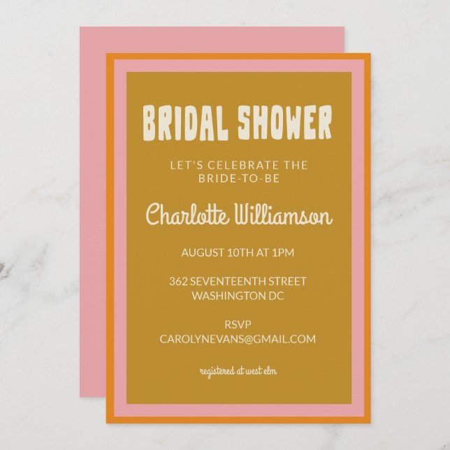 Groovy 60s 70s Colourful Pink Mustard Bridal Showe Invitation (Front/Back)