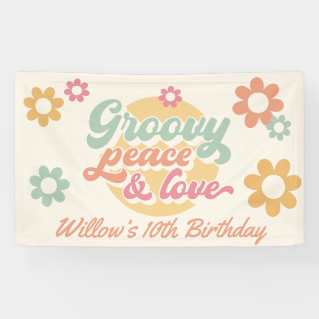 Groovy 60's 70's Flowers Birthday Party Any Age Banner (Horizontal)