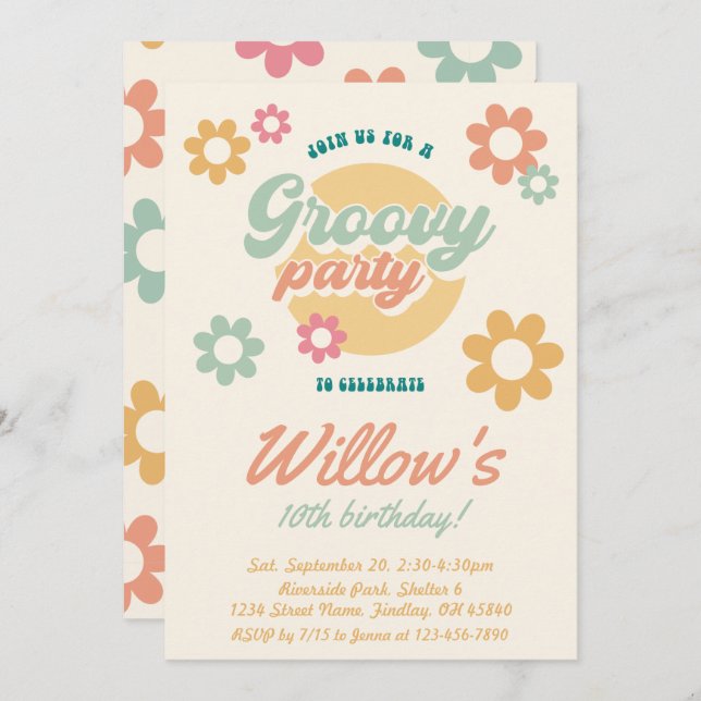 Groovy 60's 70's Flowers Birthday Party, Any Age Invitation (Front/Back)