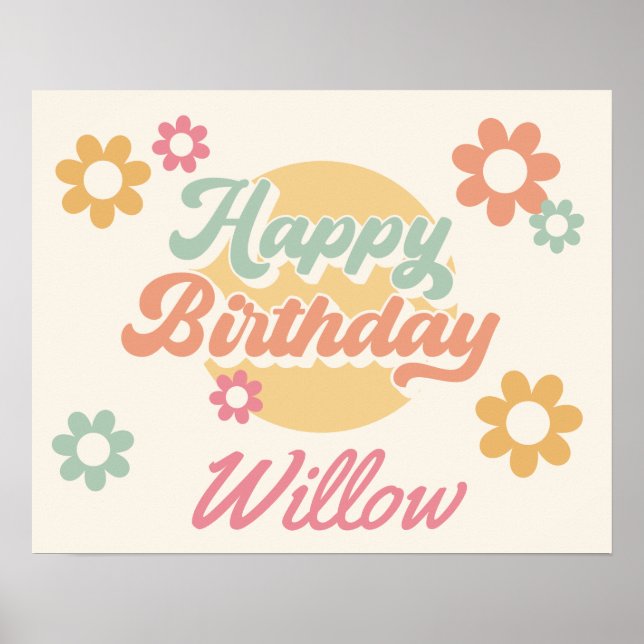 Groovy 60's 70's Flowers Happy Birthday Party Poster (Front)