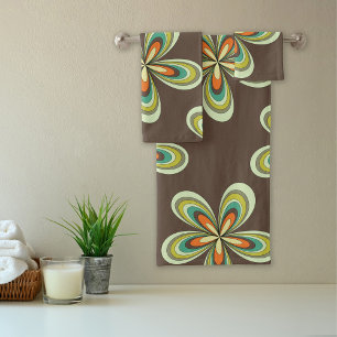 Groovy 60s 70s Hippie Flower Brown Retro Daisy Bath Towel Set