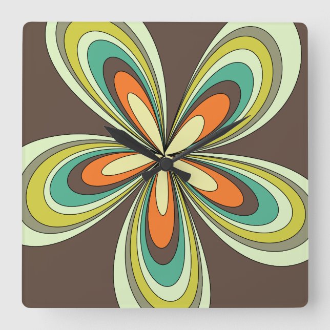 Groovy 60s 70s Hippie Flower Brown Retro Daisy  Square Wall Clock (Front)