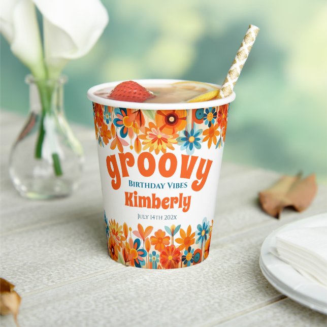 Groovy 60's 70s Vibe Floral Retro Birthday Paper Cups (Insitu)
