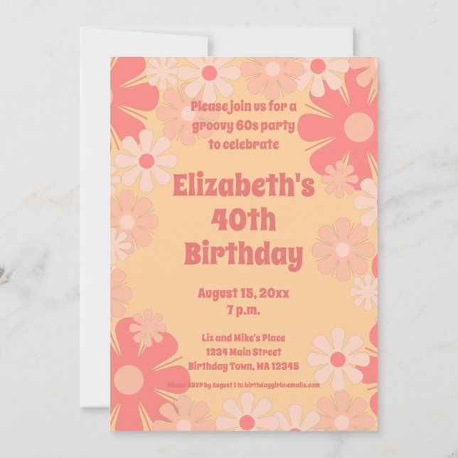 Groovy 60s Party Pretty Pink Floral Birthday Invitation (Back)