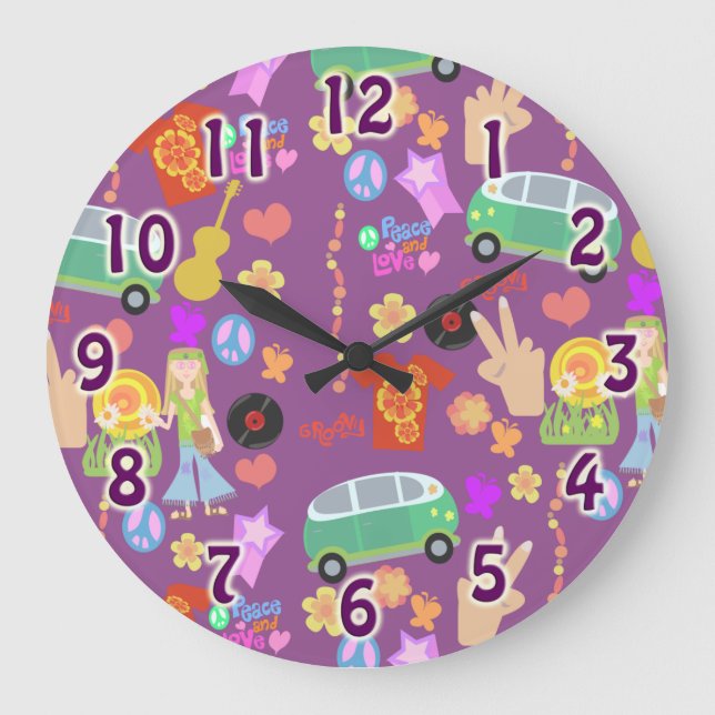 Groovy 60's Purple Love Pattern Large Clock (Front)