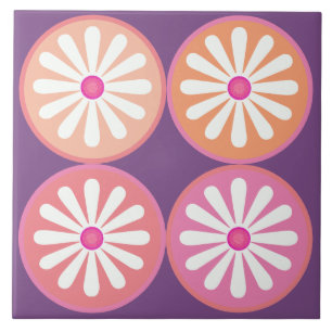  Groovy 60s White daisies with pink circles  Ceramic Tile
