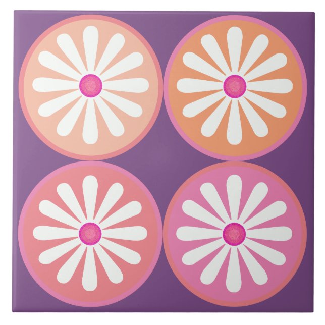  Groovy 60s White daisies with pink circles  Ceramic Tile (Front)