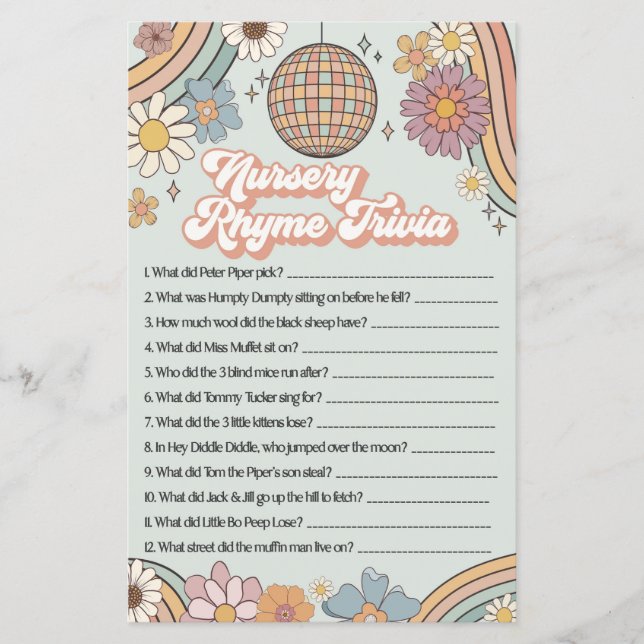 groovy 70s baby shower game nursery rhyme trivia (Front)