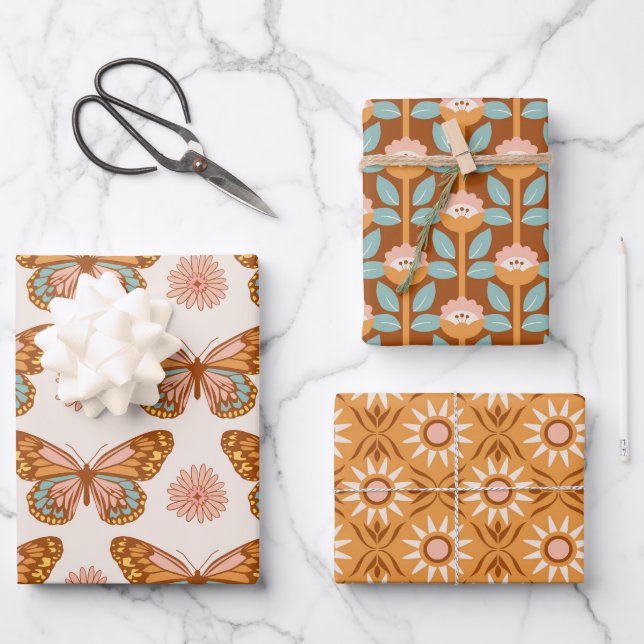 Groovy 70's Butterflies, Flowers and Geometric Wrapping Paper Sheet (Front)