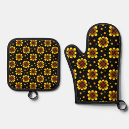 Groovy 70s Daisy Flower Power Pattern Oven Mitt & Pot Holder Set