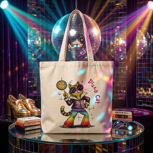 Groovy 70s Disco Cat Retro Rainbow Feline Art Tote Bag