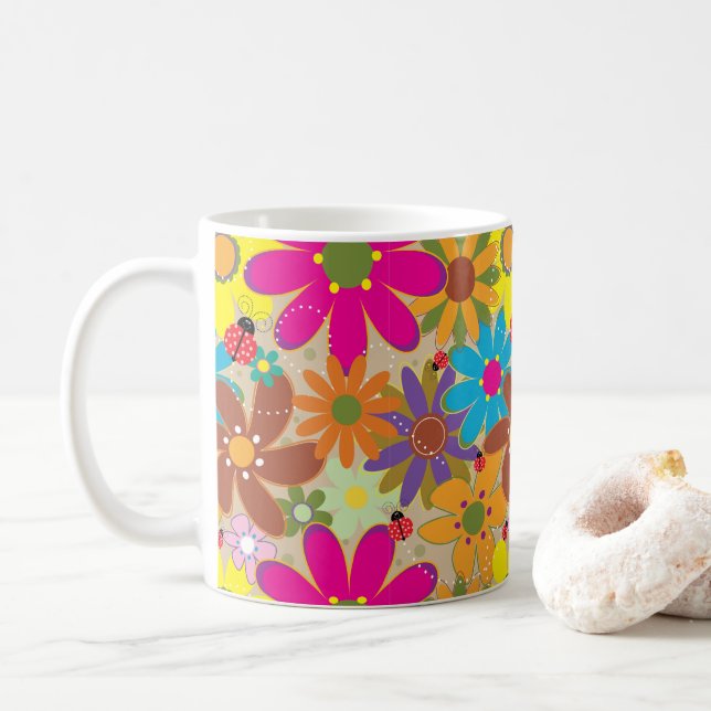 Groovy 70s Hippie Floral Retro Flower Power Coffee Mug (With Donut)