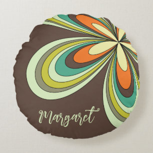 Groovy 70s Hippie Flower Brown Retro Daisy Name Round Cushion
