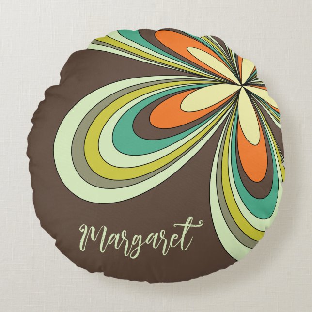 Groovy 70s Hippie Flower Brown Retro Daisy Name Round Cushion (Front)