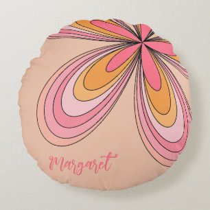 Groovy 70s Hippie Flower Peach Fuzz Daisy Name Round Cushion