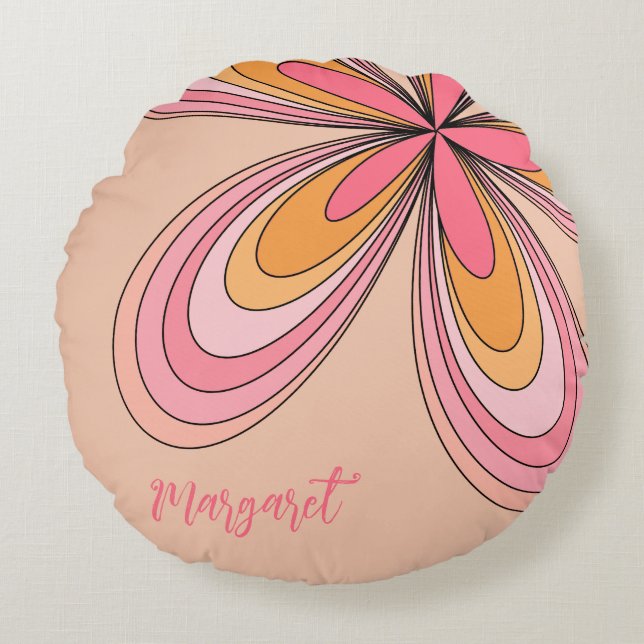 Groovy 70s Hippie Flower Peach Fuzz Daisy Name Round Cushion (Front)