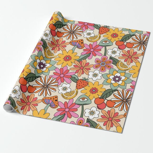 Groovy 70's, Orange, Pink, & Green Floral Wrapping Paper (Unrolled)
