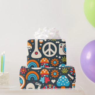 Groovy 70s Pattern With Peace Signs and Mushrooms Wrapping Paper