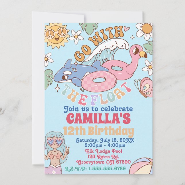 Groovy 70s Pool Party Birthday Invitation (Front)