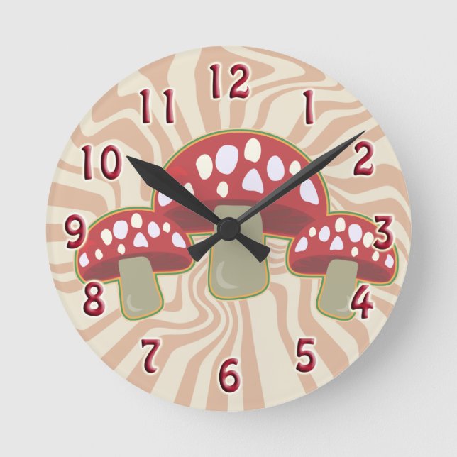 Groovy 70's Red Top Mushrooms Round Clock (Front)