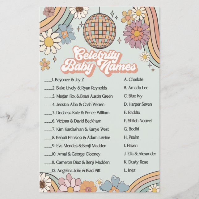 groovy 70s retro baby shower game celebrity names (Front)