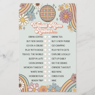 groovy 70s retro baby shower game would mum rather