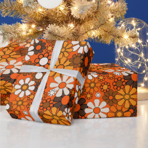 Groovy 70s Retro Floral Orange and Brown Pattern Wrapping Paper
