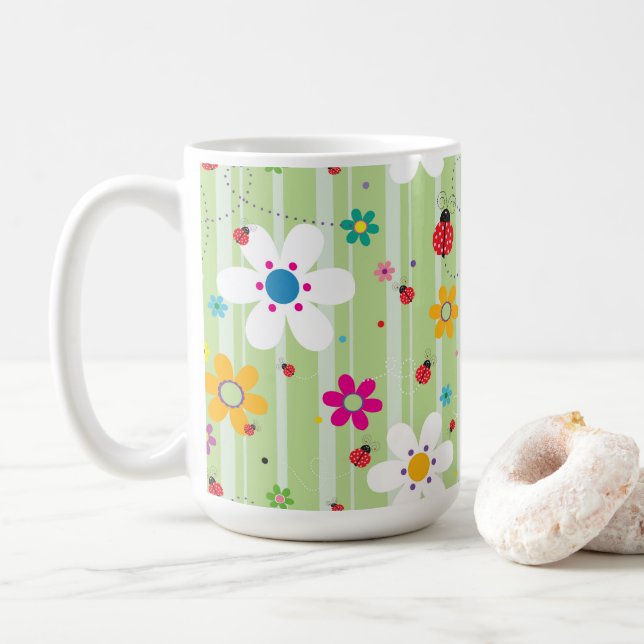 Groovy 70s Retro Hippie Flower Power Ladybug Coffee Mug (With Donut)