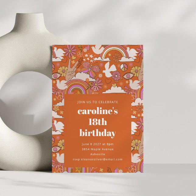 Groovy 70s Retro Hippie Peace Orange 18th Birthday Invitation (Creator Uploaded)