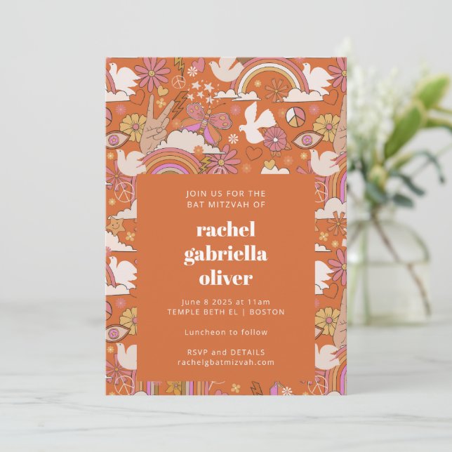 Groovy 70s Retro Hippie Peace Orange Bat Mitzvah  Invitation (Standing Front)
