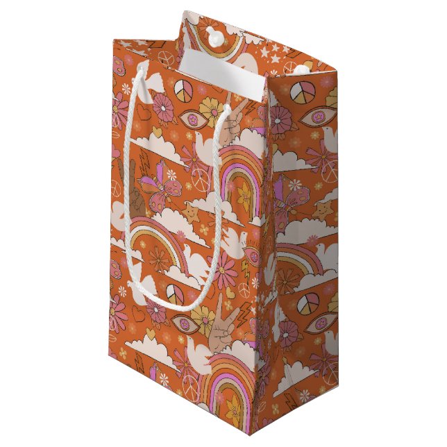 Groovy 70s Retro Hippie Peace Orange Bohemian Small Gift Bag (Front Angled)