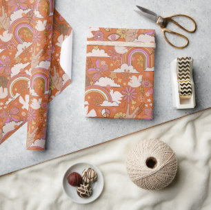Groovy 70s Retro Hippie Peace Orange Bohemian Wrapping Paper