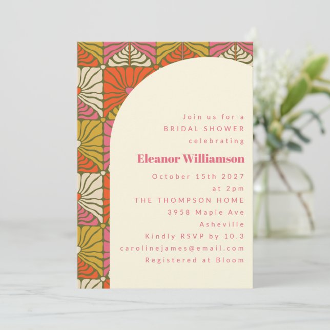 Groovy 70s Retro Orange Botanical Bridal Shower Invitation (Standing Front)