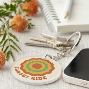 Groovy 70s Retro Sunset Ride Wavy Flower Aesthetic Key Ring
