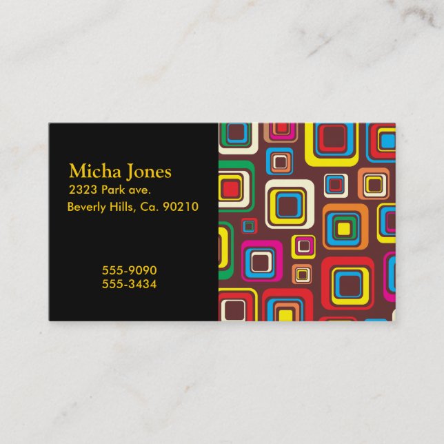 Groovy 70s Tile Pattern Squares On Brown Business Card (Front)