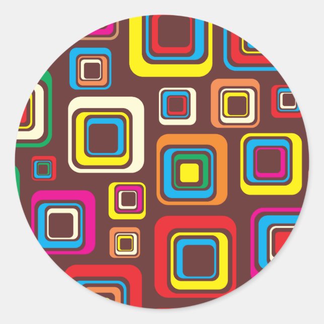 Groovy 70s Tile Pattern Squares On Brown Classic Round Sticker (Front)
