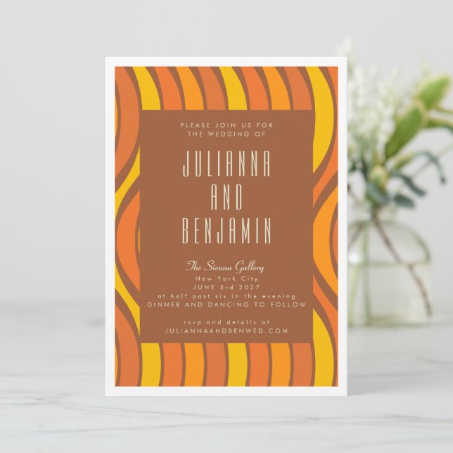 Groovy 70s Wavy Lines Orange and Brown Wedding Invitation (Standing Front)